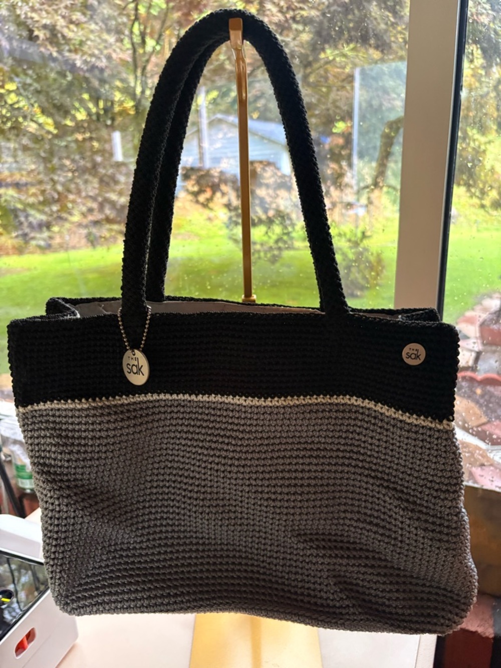 The Sak Black (possiblydark navy) & Gray Crochet Tote with Stitched Contrast